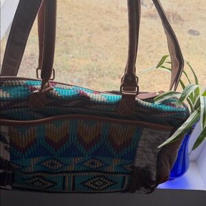 Myra Bag Teal and Brown Patterned Shoulder Bag